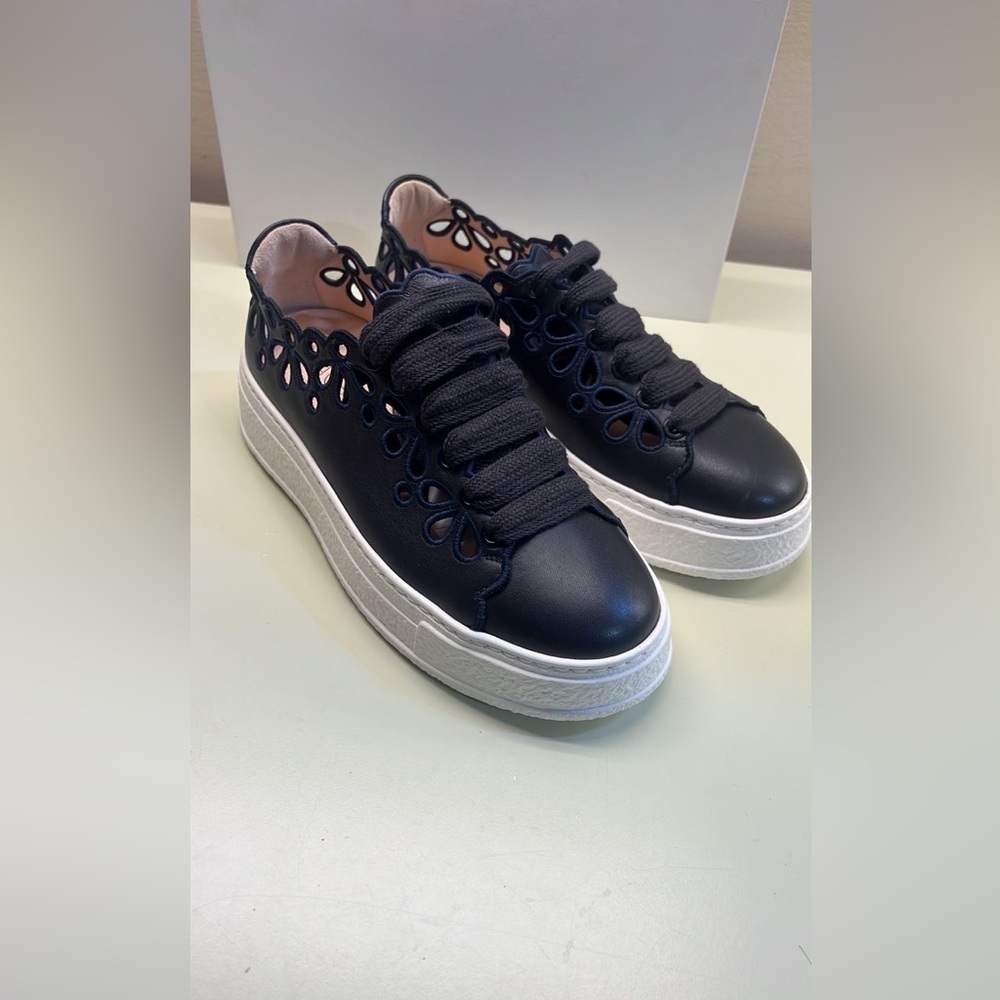 NWT AGL Cutout Leather Platform Sneakers in Black blue stitching Made in Italy - Picture 2 of 9